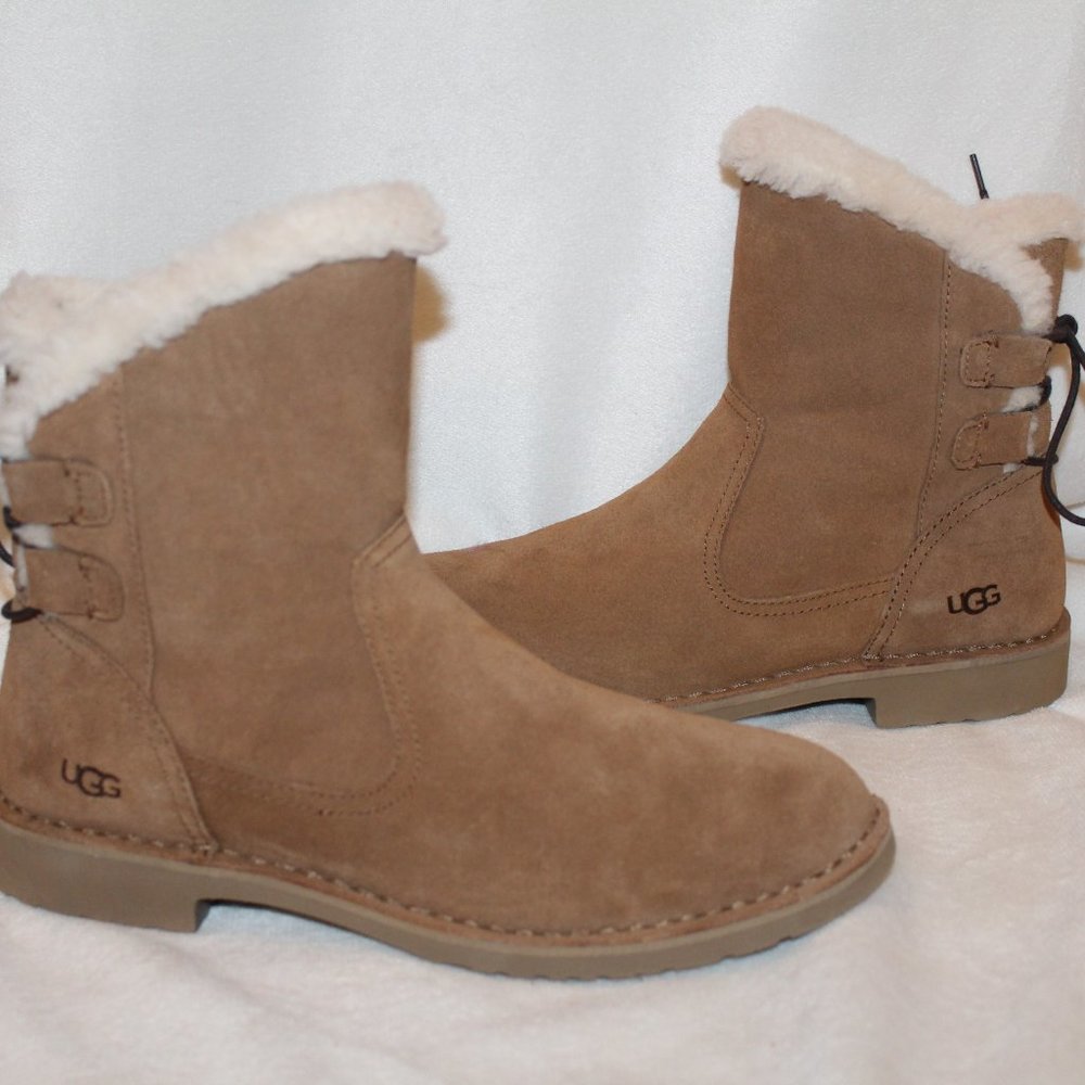 NEW UGG NAIYAH LACE UP SUEDE‎ SHEARLING LINED ANKLE BOOTIES CHESTNUT